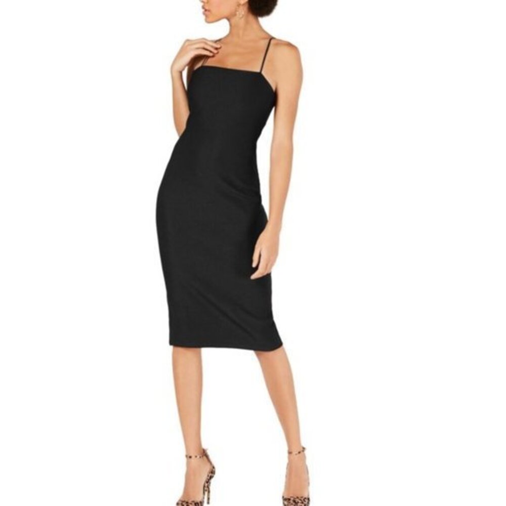 Socialite Women's Spaghetti Strap Ribbed Fitted Midi Dress in Black. XS